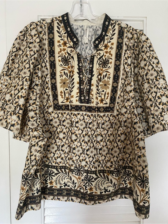 Anthropologie Tops - Anthropologie Cream & Black Floral Border Peasant Blouse